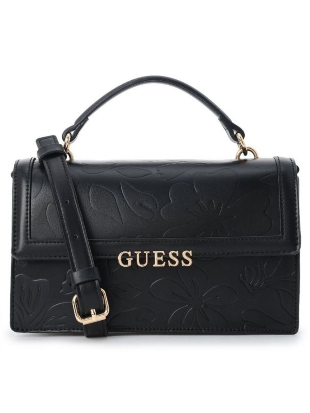 GUESS Black Floral-Embossed Top Handle Crossbody with Gold Logo